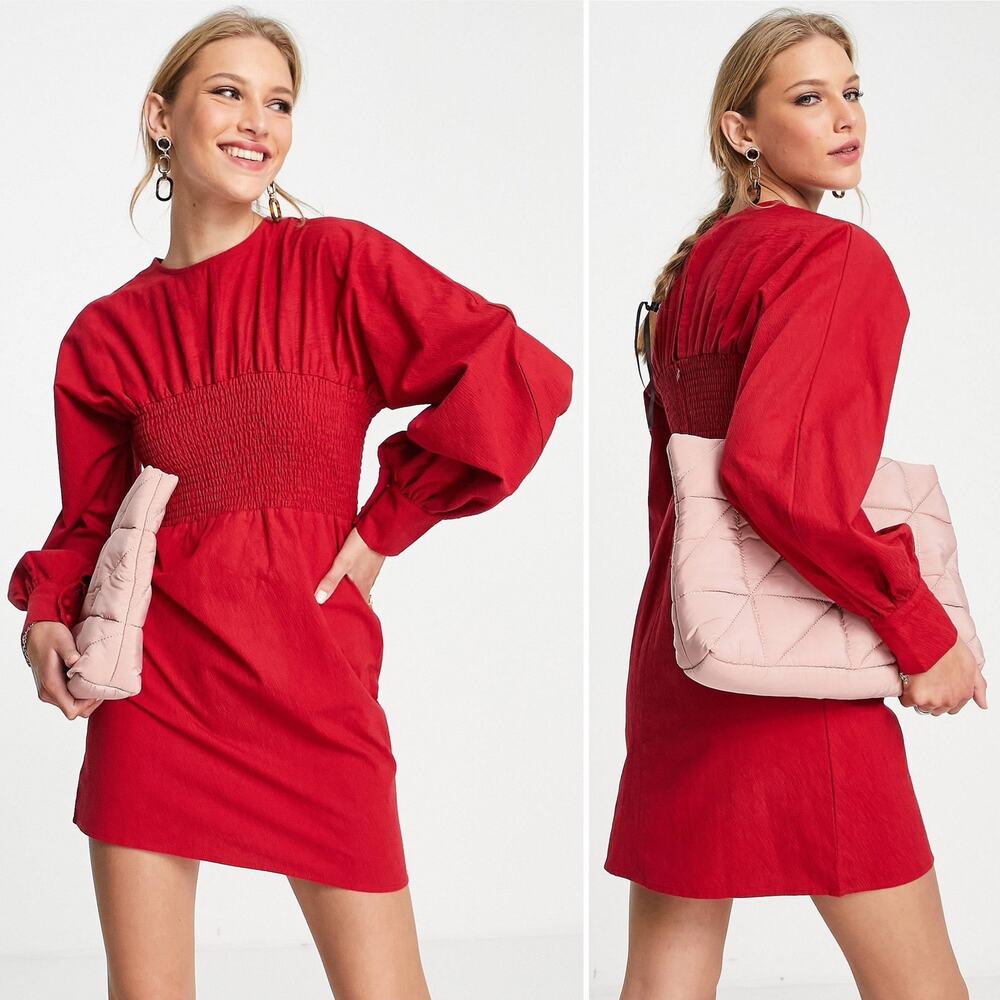 Ghospell Retro Guest Mini Dress Smocked Balloon Sleeve Red Size Extra Small